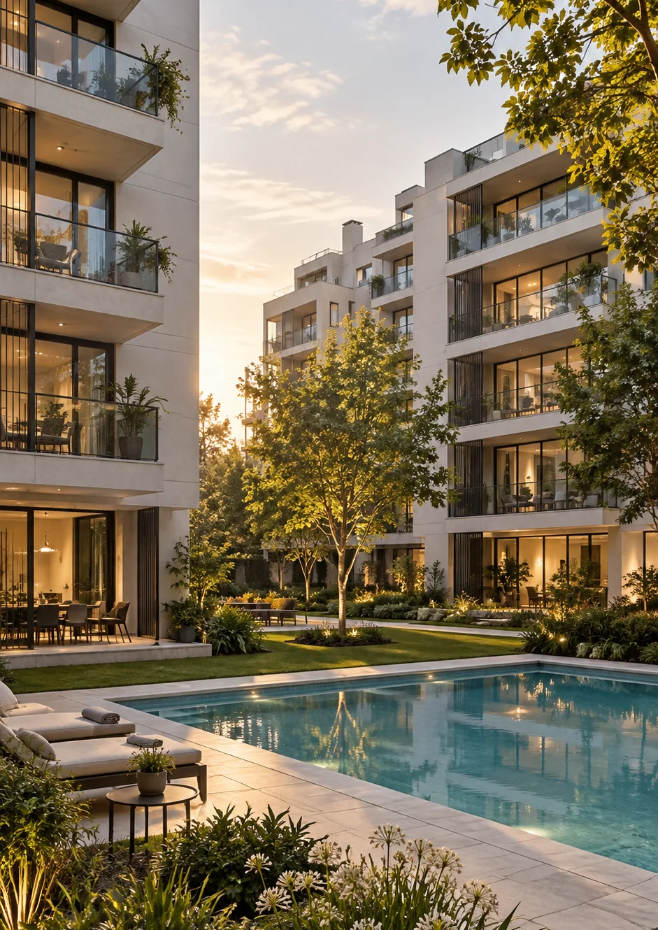 Edificios residenciales junto a jardines y una piscina