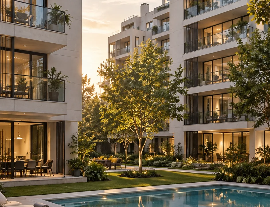 Complejo residencial con edificios, jardines y espacios comunes